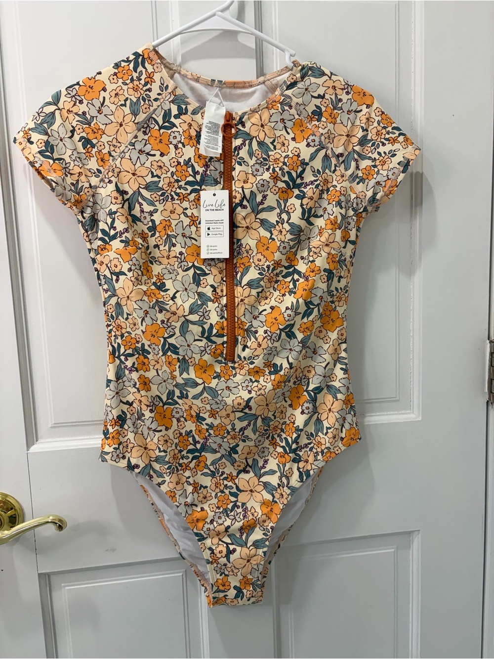 Cupshe Cream Floral One-Piece Swimsuit with Orange Zip